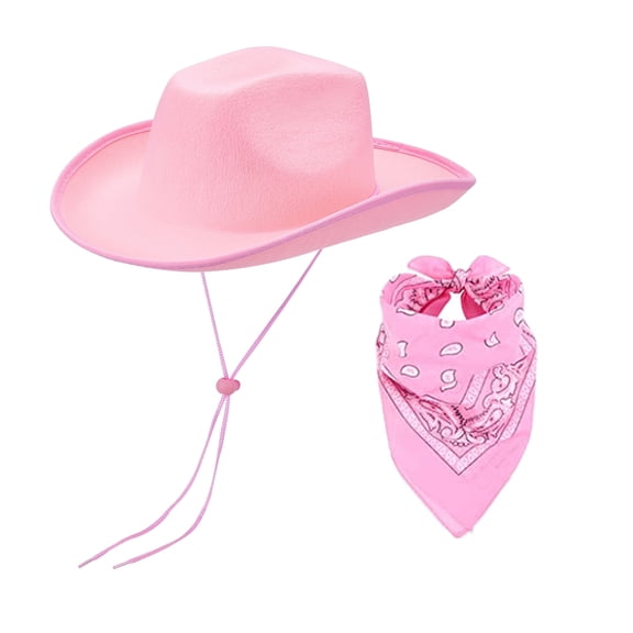 2PCS Adjustable Cowboy Hats Cowgirl Hat with Scarf for Women Wide Brim Western Hat Set Party