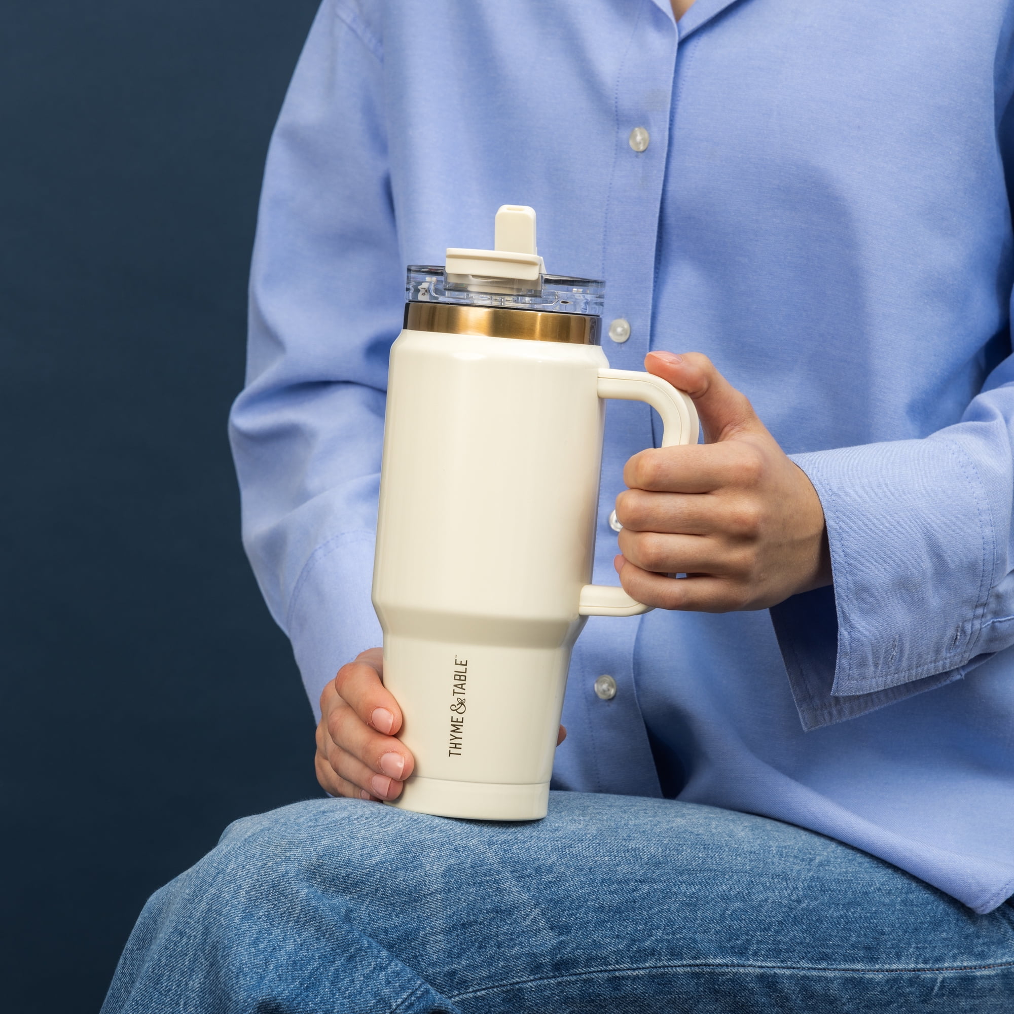 Thyme & Table 32oz Tumbler with Handle, Dual Straw Lid, Stainless Steel Double Wall Insulated, Cream