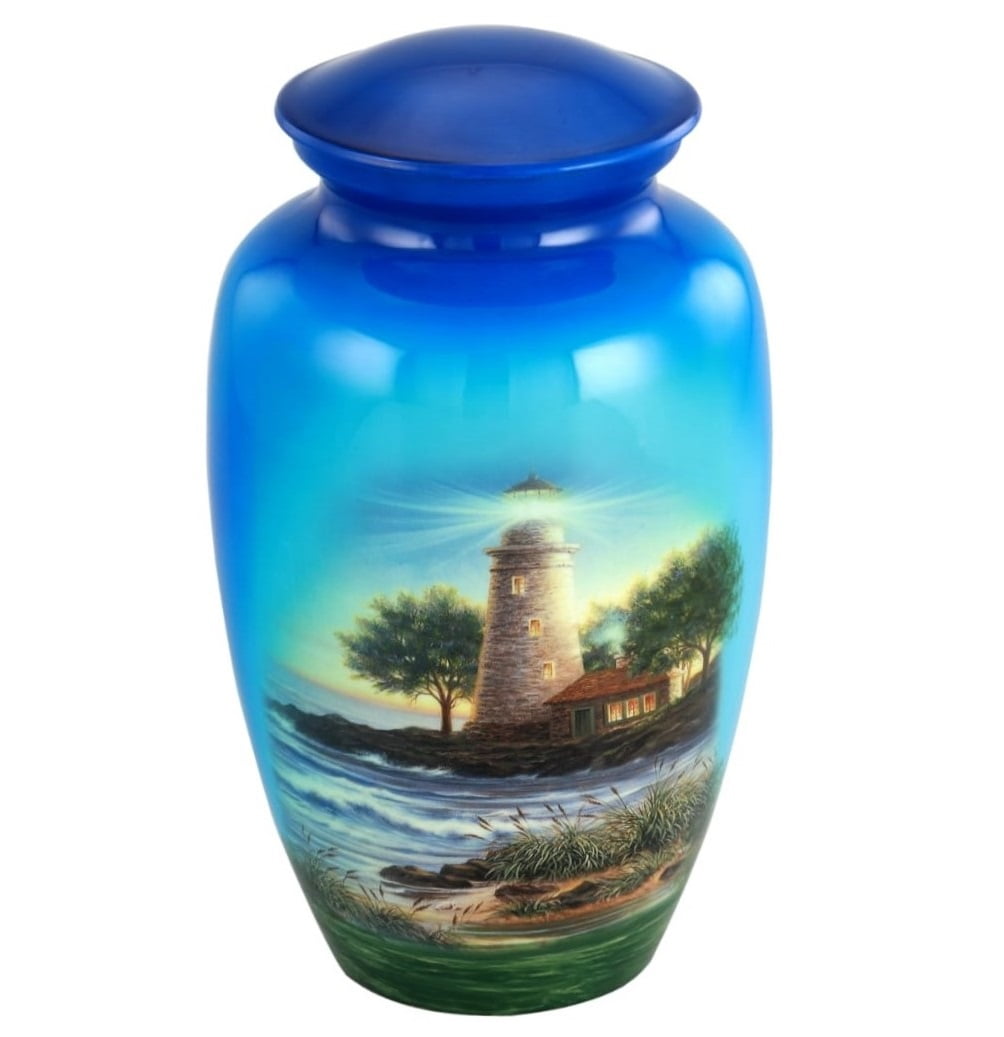 Hand Painted Metal Cremation Urn - Adult Urn - Solid Metal Funeral Urn - Handcrafted Adult Funeral Urn for Ashes - Great Urn Deal (Ocean Side)