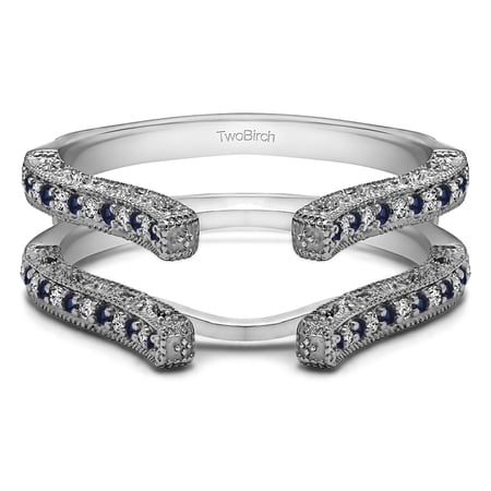 Diamonds (G,I2) and Sapphire Mounted in Sterling Silver Cathedral Filigree Wedding Ring Guard (0.36ctw)