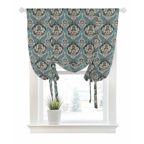 Boho Flower Tie Up Curtains for Window, Thermal Insulated Balloon Shade Adjustable Rod Pocket Curtains Valance Panels for Kitchen Bathroom Cafe 46 x 63 Blue Vintage Bohemian Abstract Art