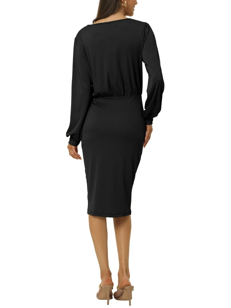 lantern sleeve ruched bodycon dress Unique Bargains Women's Side Slit Ribbed Knit Size:US1 short evening dresses Navy Dress Blues, Family