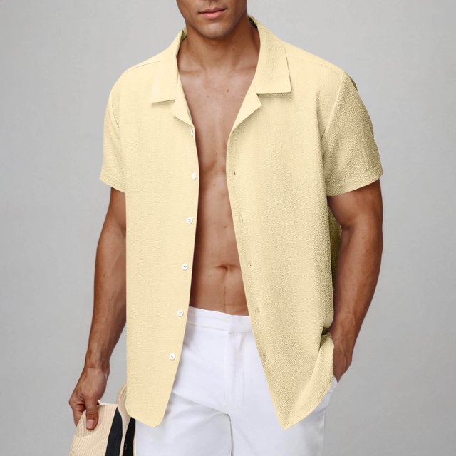 T-shirts pour Hommes Grande Taille à Moins de 5$ Chemises à Manches Courtes Col Rabattu Chemise Décontractée Unie Beige TG