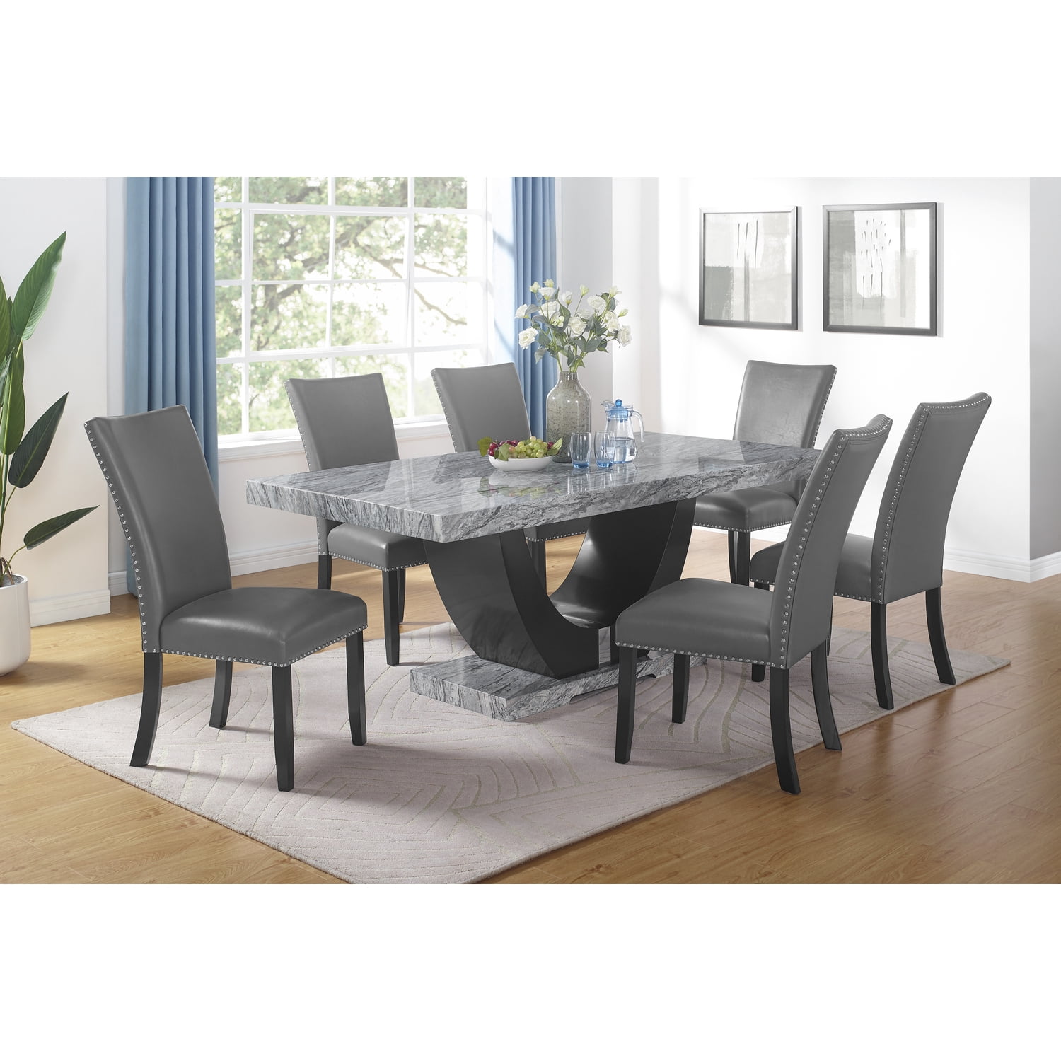 New Classic Furniture Lyra Wood Dining Table with Faux Marble Top in Gray/Black