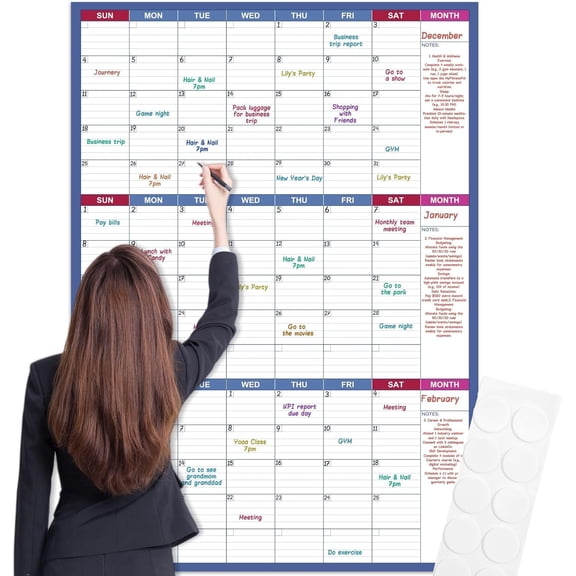 Dry Erase Calendar Undated, Erasable Large Wall Calendar, 28" x 40" | 3 Month Calendar, Blank Yearly Planner, Big Dry Erase Board with Stickers