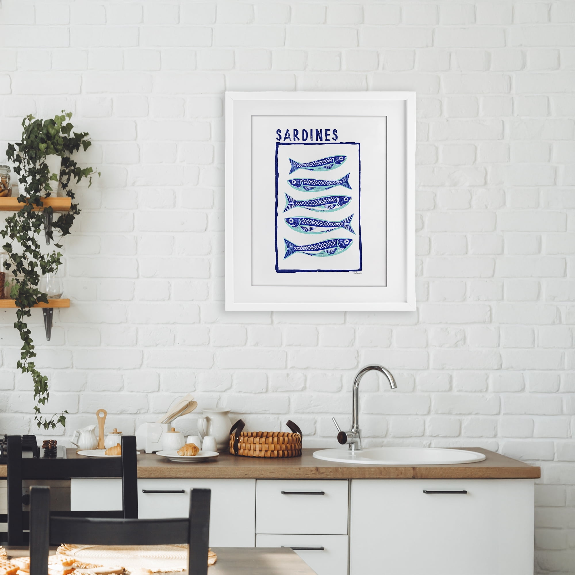 Stupell Industries Blocked Sardines Pattern White Framed Print Under Glass, design by Amanda Greenwood