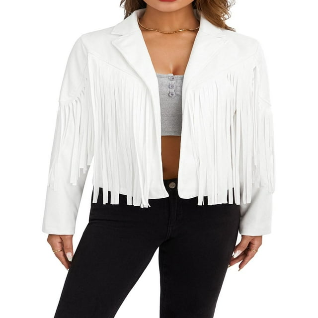 Veste à Franges en Faux Suède pour Femmes Moto Motard Court Ouvert devant avec Franges Manteau Court