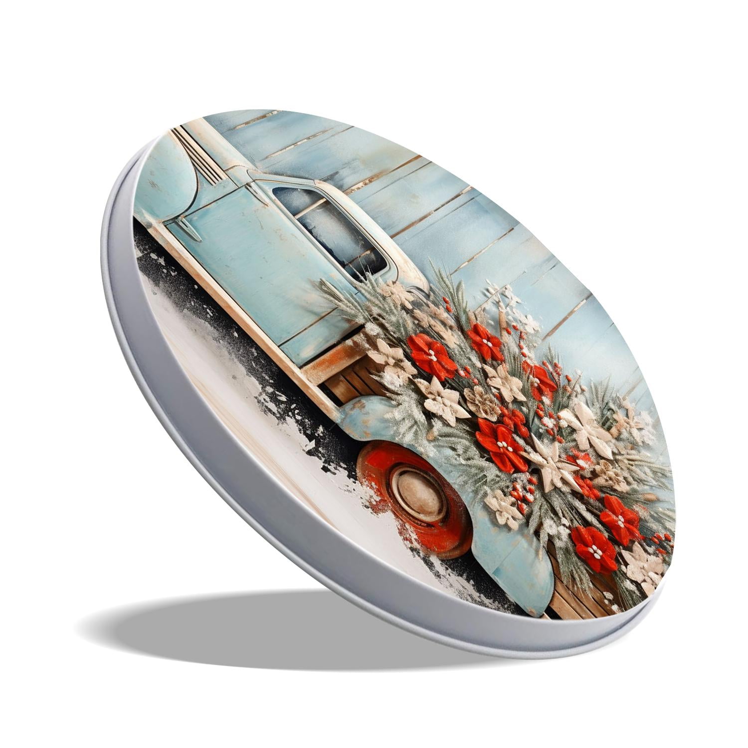 Round Stove Burner Covers 4 Pcs Metal Electric Stove Burner Covers 8Inch And 10Inch ,Blue Wooden Christmas Truck Poinsettia illustration