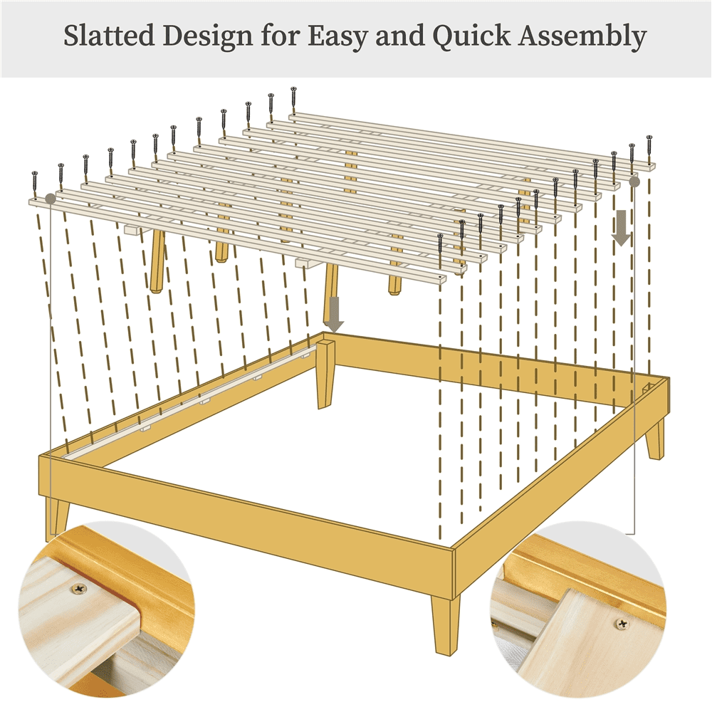 Renwick King Size Wooden Platform Bed with Sturdy Slat Support for Adults, Natural Wood