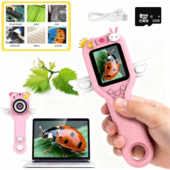 Portable Children's Mini Digital Microscope with Photo/Video Recording Capability Educational Science Toy (Ages 3-12) Back-to-School Supplies & Christmas/Birthday Gift Includes 32GB Memory Card