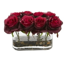 Nearly Natural 5.5in. Blooming Roses Artificial Floral Arrangement in Glass Vase, Burgundy