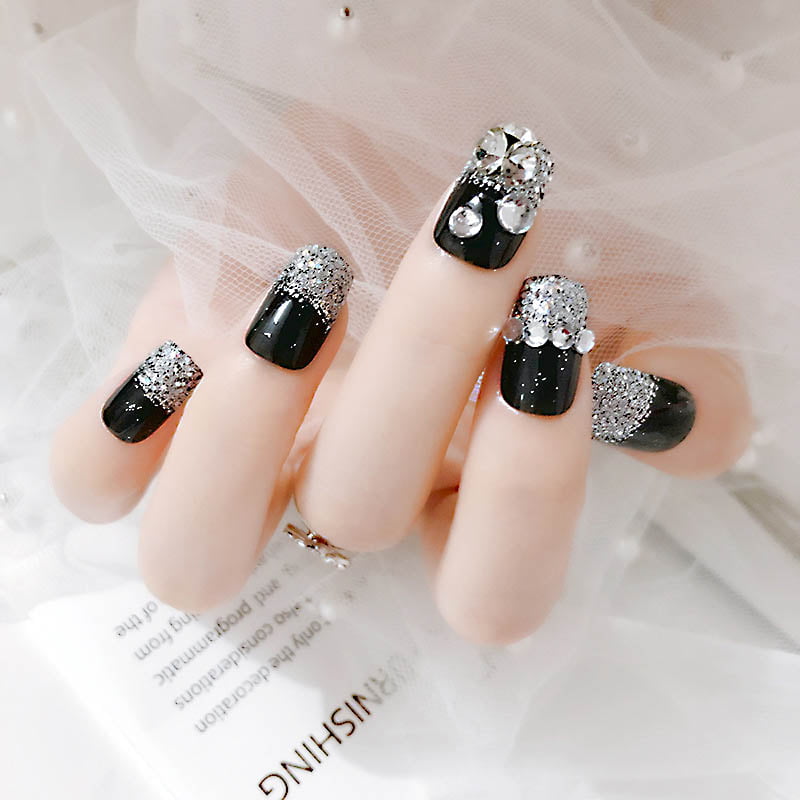 Hypnaughty 24 Pcs Rhinestone Noir Coffin Press On Nails with Design and  Glue Matte Black Ombre Glitter and Rhinestones Long Fake Nails - Walmart.com