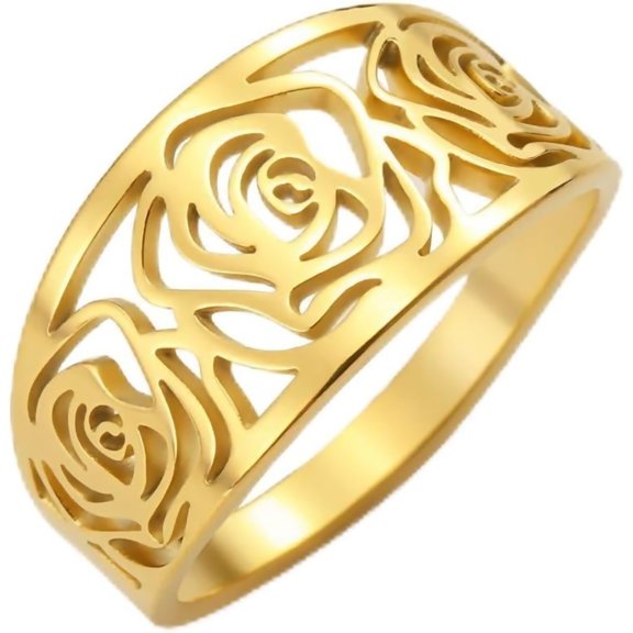 Zephyriana Stainless Steel Rings for Women Rose Flower Band Jewelry Baroque Hollow Out Accessories Gold, Silver Delicate Everyday Ring Size 7-11