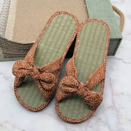 

Ykohkofe Ladies Straw Mat Slippers Casual Bow Rattan Grass Slippers Home Fashion Sandals Slippers