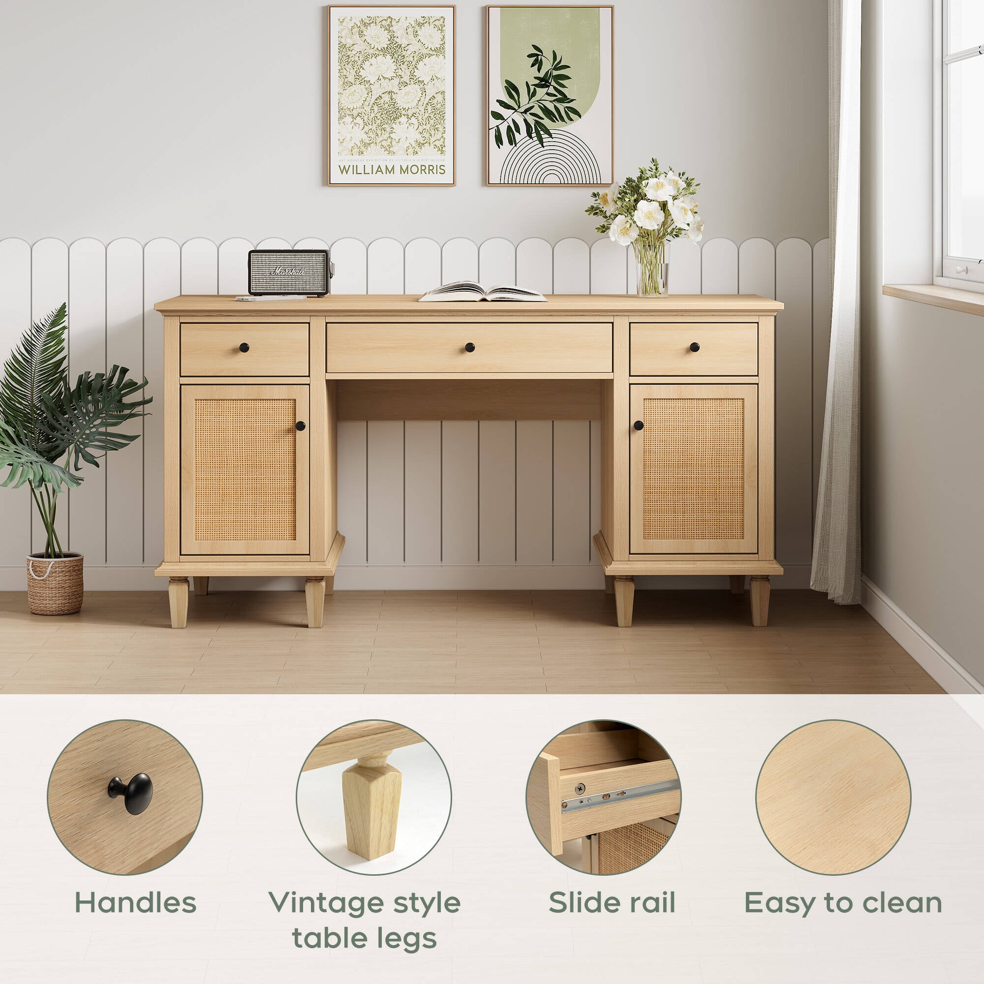 Brafabhome 58" Executive Desk with Power Outlets, Modern Study Writing Table with Drawers Wooden Computer Desk with large Laptop Space for Bedroom Home office | Beige