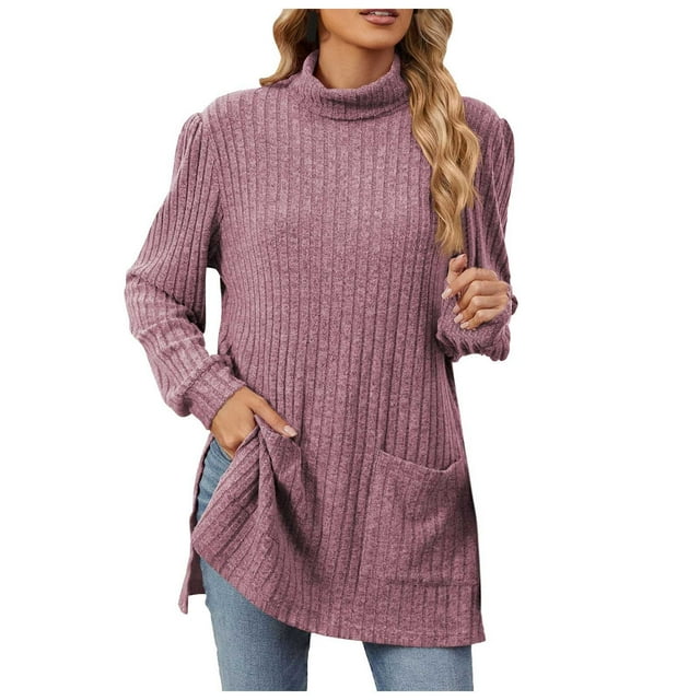 TINZ Nouveau Chandail à Demi-Col Roulé à Manches Longues pour Femmes avec Poche Fendue, Col en V, Chandail à Anneau, Chandail pour Femmes Grande Taille