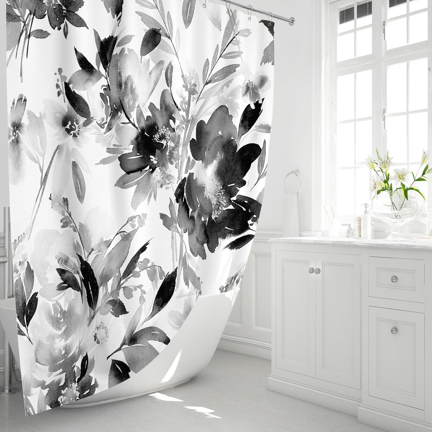 Black and White Shower Curtain, Watercolor Black Floral Shower Curtain for Bathroom, Modern Abstract Flower Decorative Fabric Shower Curtain Set with Hooks 72x72