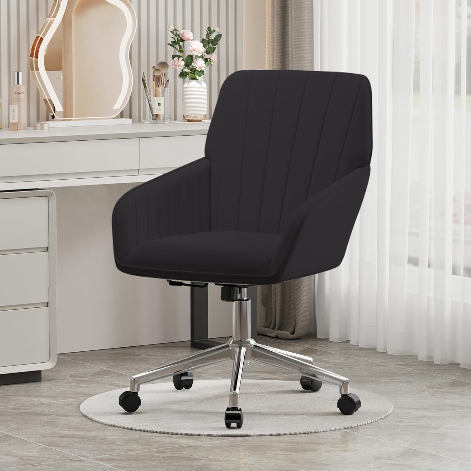 YWEN Velvet Office Desk Chair with Silver Base, with Wheels,Modern Height Adjustable 360 Degree Swivel Upholstered Vanity Chairs with Arms for Living Room Bedroom,Black