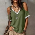 thumbnail image 2 of Sevevn Women's Cold Shoulder Lace Trim T-Shirt V Neck Cotton Blend Short Sleeve Casual Blouse Top Army Green M, 2 of 10