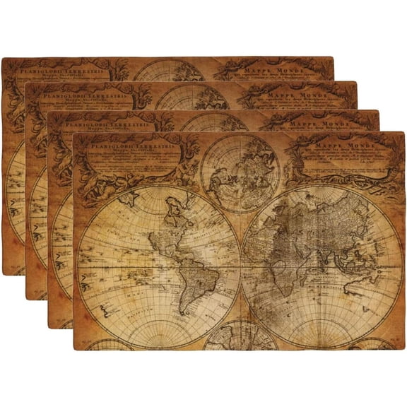 Vintage World Map Placemats Set of 4 Old Paper Linen Washable Retro Style Placemat Kitchen Dining Heat-Resistant Nostalgic Historical Place Mats Desktop Decor Table Mats 12x18 Inch