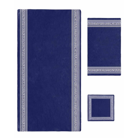 Navy Blue Geometric Towel Set of 3, Soft Microfiber Bath Towels, Hand Towel, Washcloths, White Greek Key Farmhouse Quick-Dry Absorbent Towels for Bathroom Kitchen Hotel Beach Gym Spa