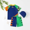 thumbnail image 3 of Rggeeun Boys Child Swimsuit Set 2Pc Cute Dinosaur & Coconut Tree Pattern Short Sleeve Crew Neck Top & Elastic Waist Wide Leg Swim Trunks for Summer Beach Surf Classic Swim Wear,Blue,7-8 Years, 3 of 4