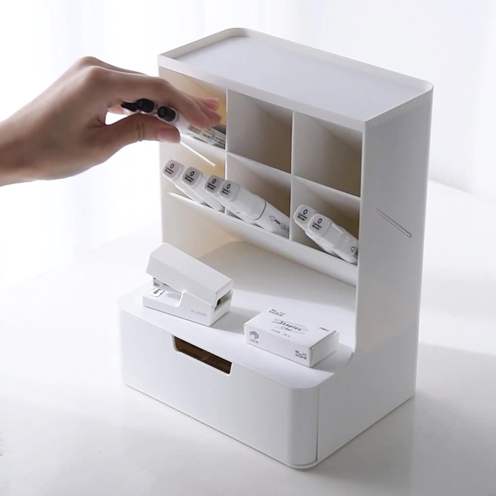 Desktop Pen Organizer with Drawer Stacking Cosmetic Storage Holder Makeup Organizer for Bedroom Office Desk Pen Holder