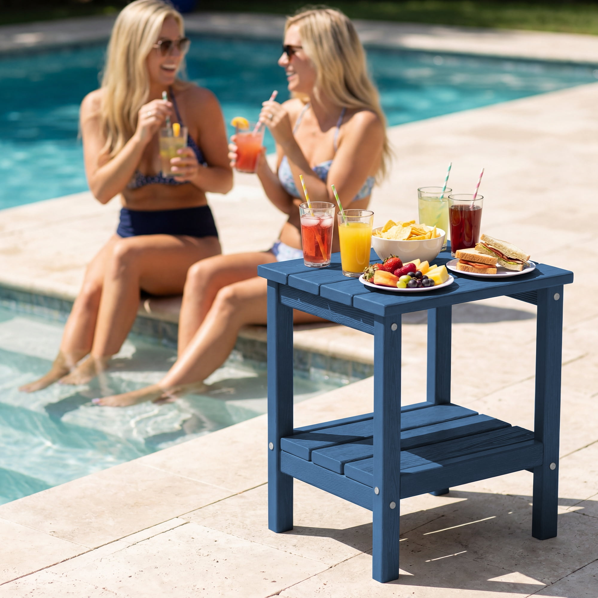 FUNDAZE HDPE 2-Layer End Table for Living Room, Outdoor Side Table, Patio Small End Table, Navy Blue