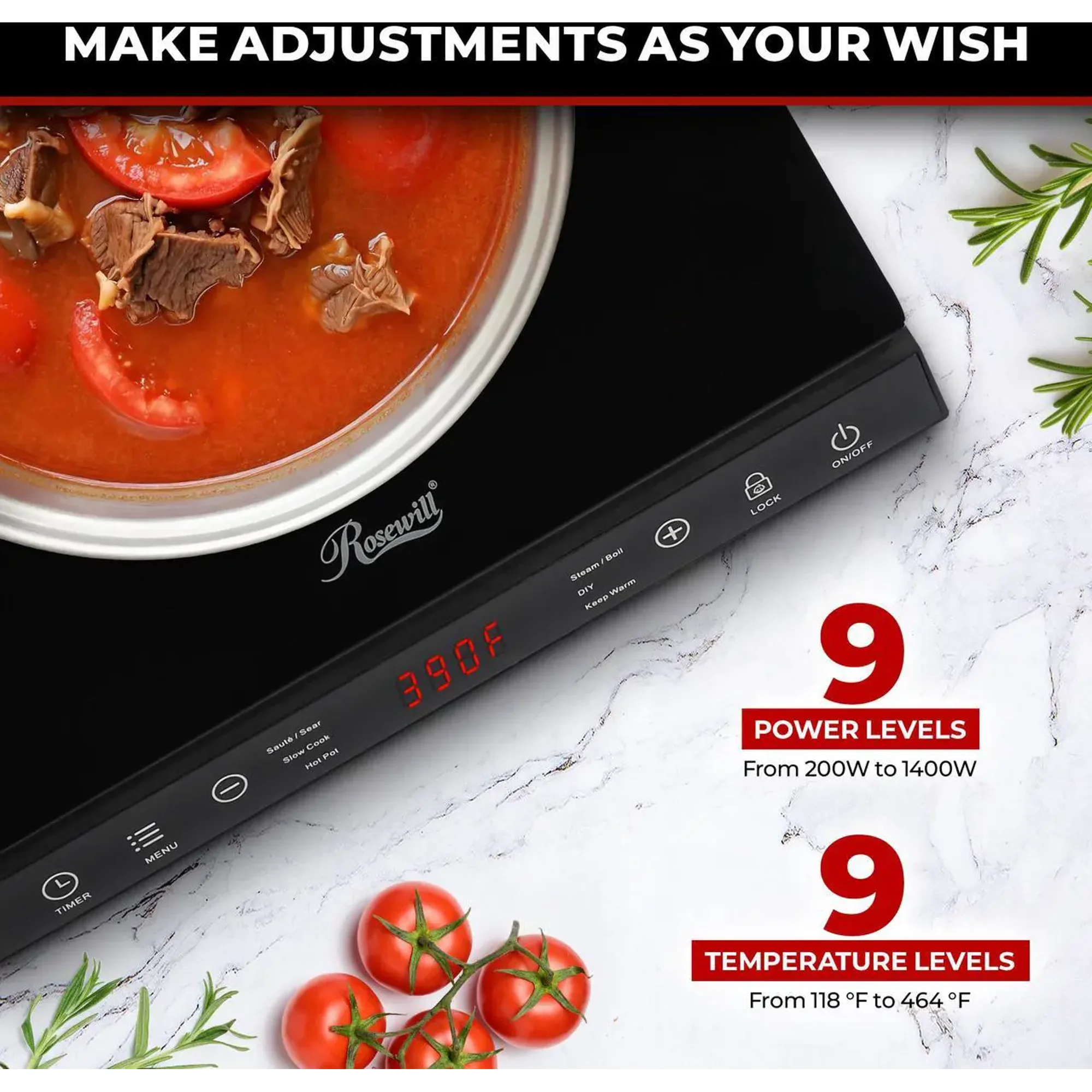 Rosewill Portable Induction Cooktop Burner, Induction Hot Plate with 6 Cooking Modes & 12-Hour Timer, Child Safety Lock & Auto Shutoff, Electric Stove for Home, Dorms, RVs, Small Kitchen