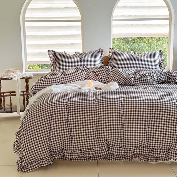 Mocha Gingham Ruffle Queen Comforter Set, Ruffled Plaid Bedding Set, Ruffled Checked Bed Comforter 3 Pieces(Mocha Gingham, Queen)