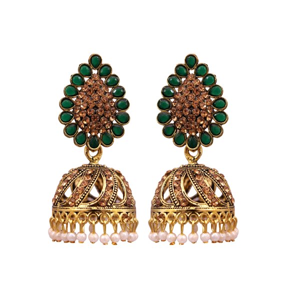 CrunchyFashion Indian Traditional Jewelry- Ethnic Bridal Bride Wedding Bridesmaid Antique Green Crystal Studded Meenakari Jhumka Jhumki Earrings Set For Women