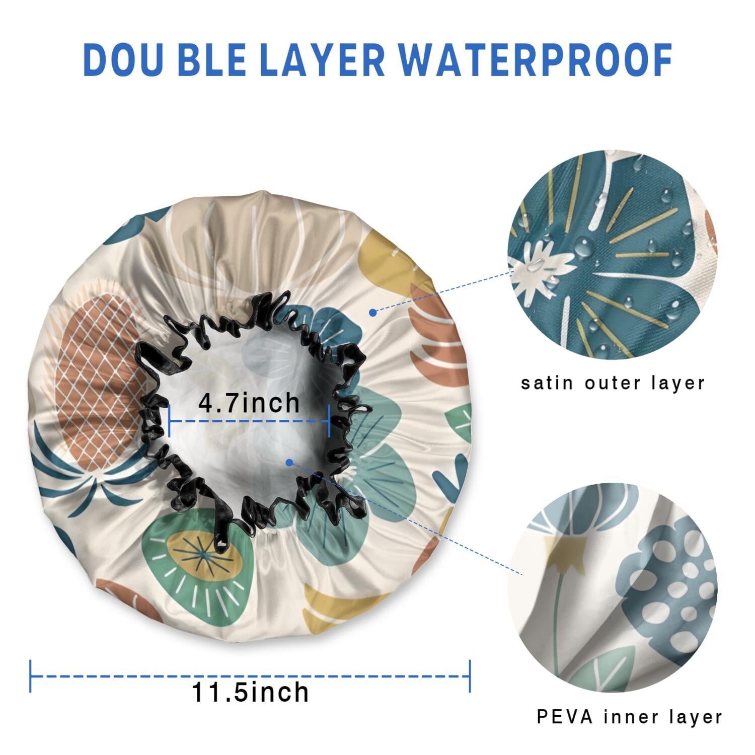 Shower Caps,Beige Pioneer Flower and Leaf Pattern Waterproof Shower Cap for Women 4 Pieces,Double Reusable Hair Cover for Shower PEVA Elastic Stretch Hem