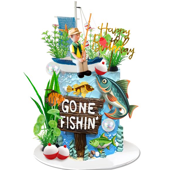 Adorno para tartas, pesca ZXSWEET con caña, algas flotantes, peces