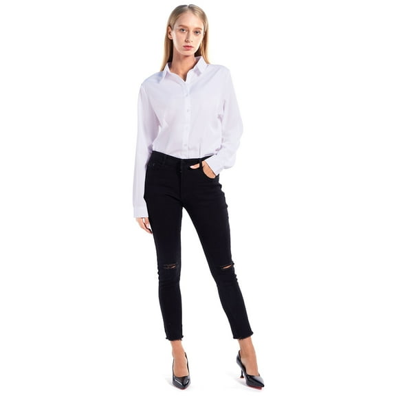 Women's Classic-Fit Long-Sleeve Button Shirt Work Office Top Business Blouses Regular & Plus Size,White