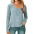 thumbnail image 2 of Women’s Long Sleeve Henley T Shirts Casual Vneck 3 Button Crop Shirts Basic Slim Fit Textured Eyelet Tunic Tops, 2 of 8