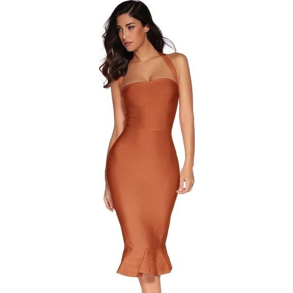Womens Halter Fishtail Bandage Party Dress Elegant Wedding Guest Dress Color Sunset Orange X-Small