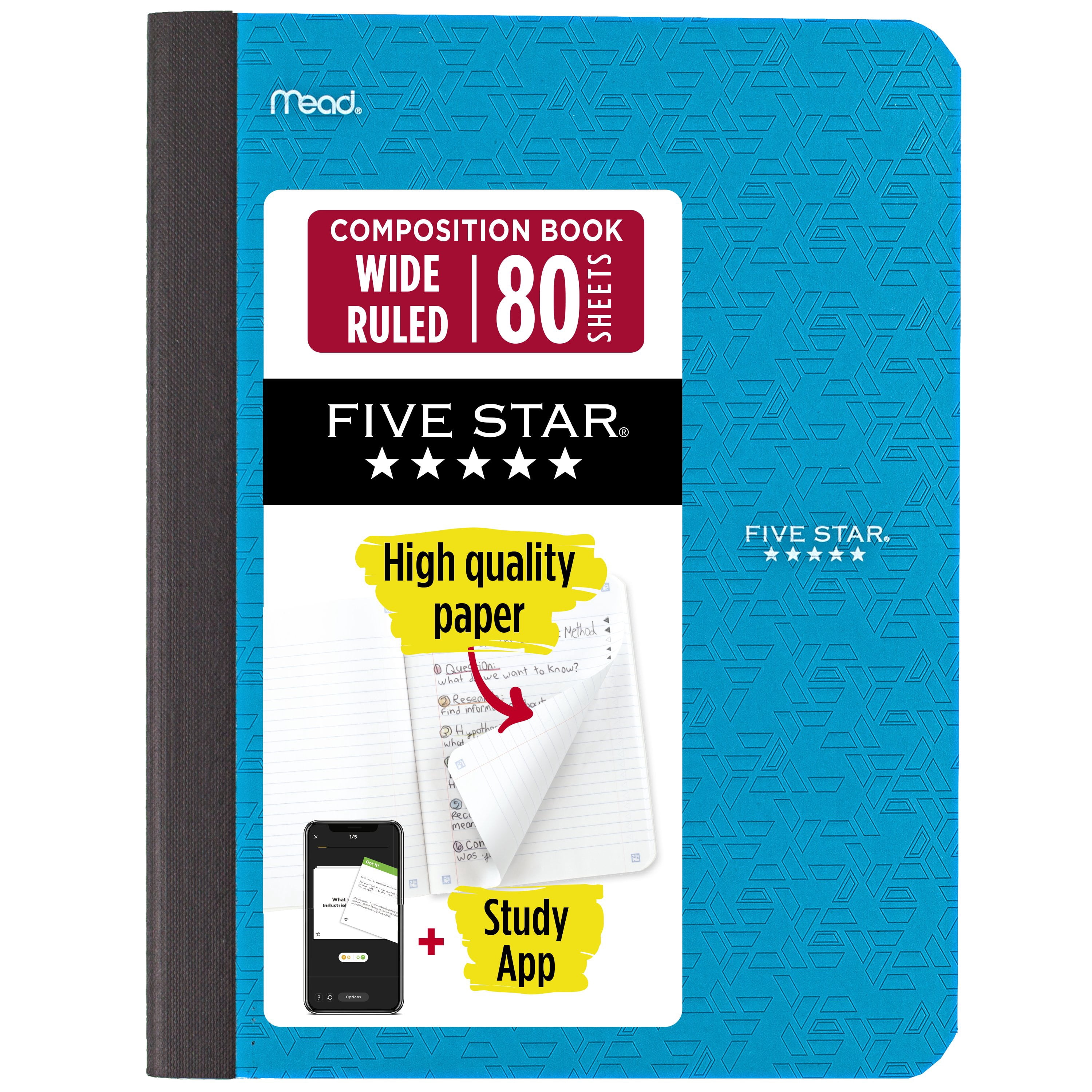 (2 pack) Five Star Composition Book Plus Study App, Wide Ruled, 80 Sheets, 7.5" x 9.75", Tidewater Blue