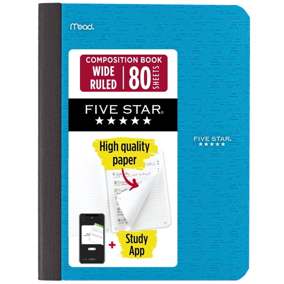 Five Star Composition Book Plus Study App, Wide Ruled, 80 Sheets, 7.5" x 9.75", Tidewater Blue