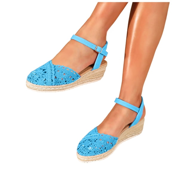 Rokment Womens Crochet Platform Wedge Sandals Bohemian Handwoven Straw Espadrilles Chunky High Heels Beach Casual Breathable Closed Toe Dress Summer Shoes for Vacation Spring Summer Fall Blue Size 6