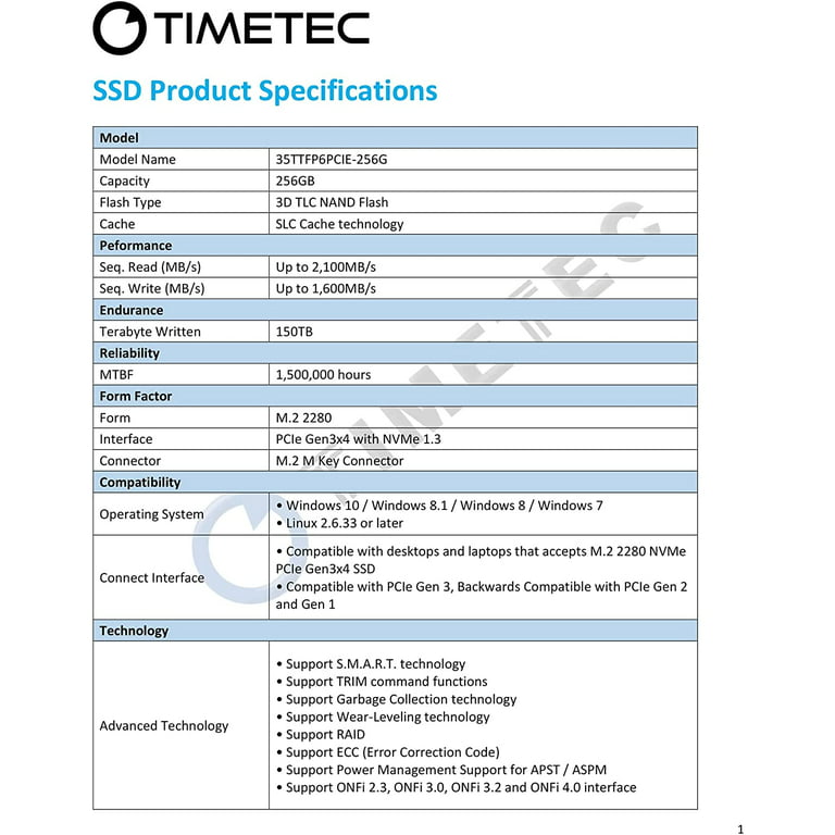 Timetec 256GB SSD NVMe PCIe Gen3x4 8Gb/s M.2 2280 3D NAND TLC ...