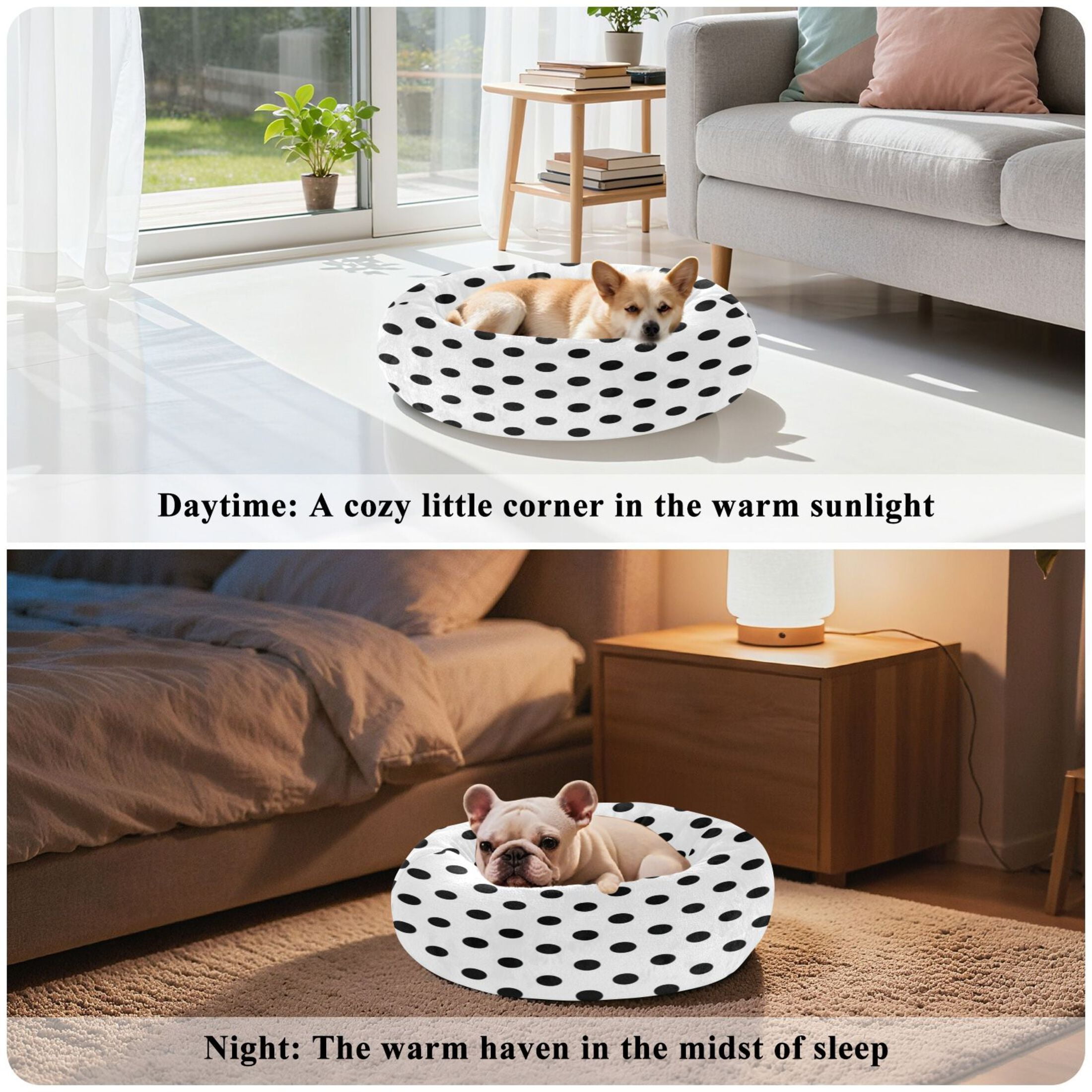 Iauyy Pet Couch Donut Cat Bed for Indoor Cats/Small Dogs Washable & Machine with Non-slip Bottom Calming Cat Furniture, Minimalist Black and White Dots (M)