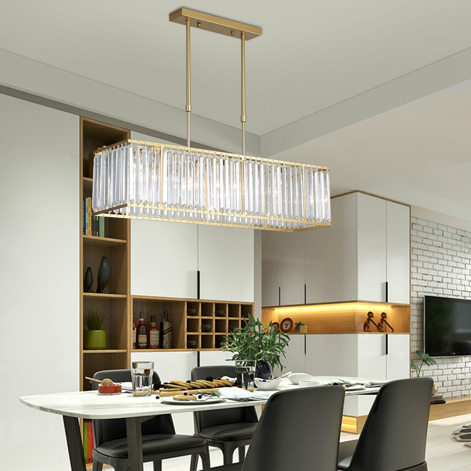 Anqidi 33.5" Rectangular Luxury Crystal Chandelier Gold 4-Light 3W E12 Modern Ceiling Lamp for Kitchen, Dining Room