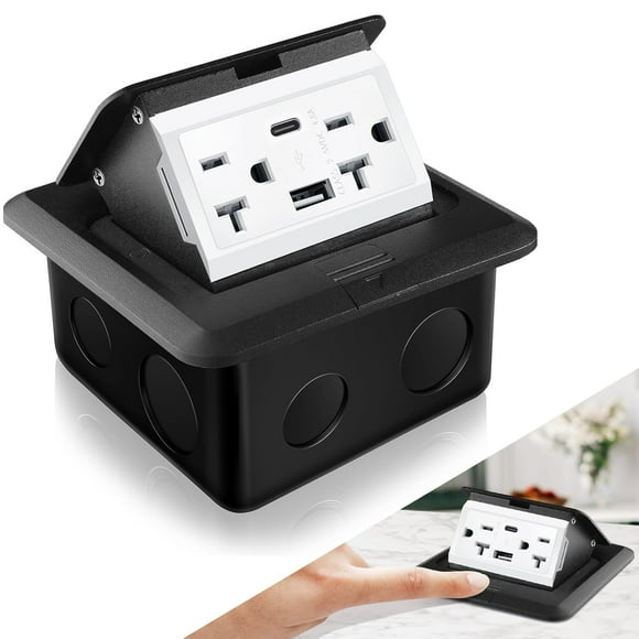 YNXGRCA Pop up Floor Outlet Floor Kit Waterproof Electrical Outlet Cover Box with 4.8A USB A & Type C Charge and 20 Amp Tamper Resistant Plug Receptacle Box for Countertop Office Home(Black)