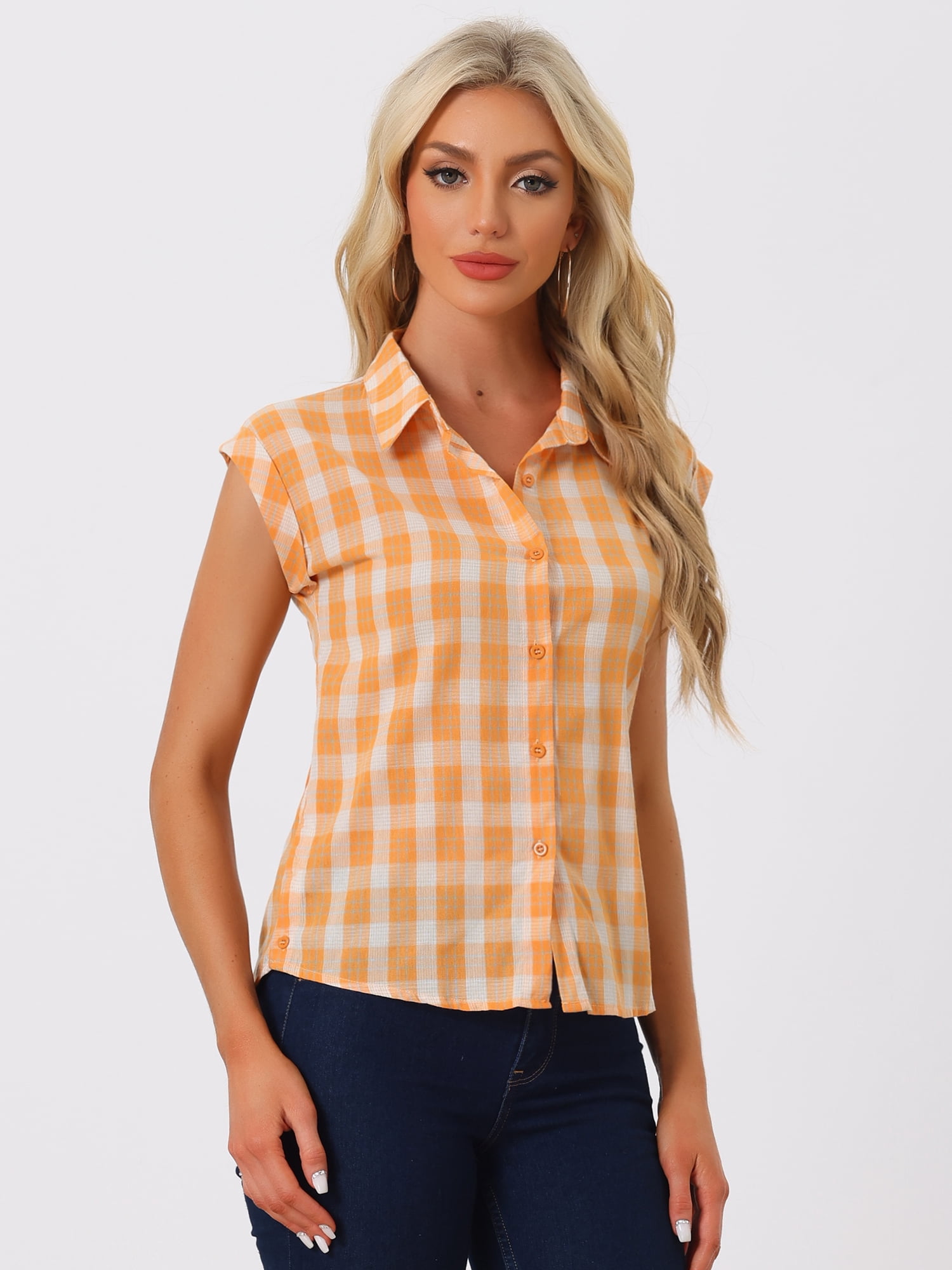 DARING DIVA Women's Summer Plaid Short Sleeves Button Down Shirts M Orange