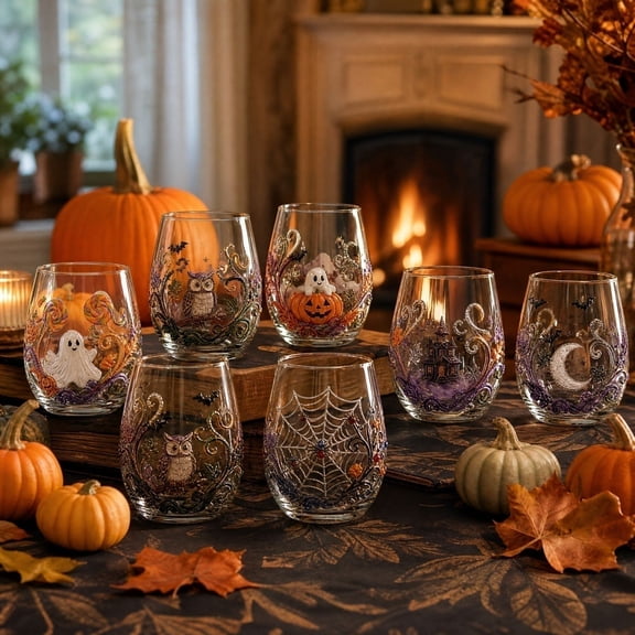 Fall Spooky Season 2D Glitter Print Sea Creature Stemless Wine Tumbler, Spooktacular Sips Ghost Owl Moon Octopus Graphic Single Glass Cup for Halloween Party Decor (G)