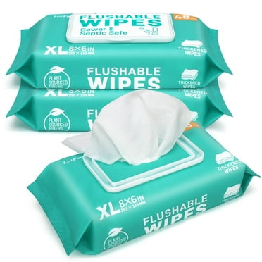 LotFancy Flushable Wet Wipes, 8x6 in, XL Thick Butt Wipes, 3 Packs x 48 Ct, 144 Total Wipes