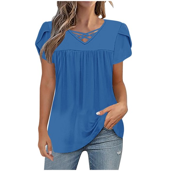 Lenpel Women's Summer Tops Trendy Short Sleeve V Neck Criss Cross Pleated Front Casual T Shirts Tunic Tee Blouses