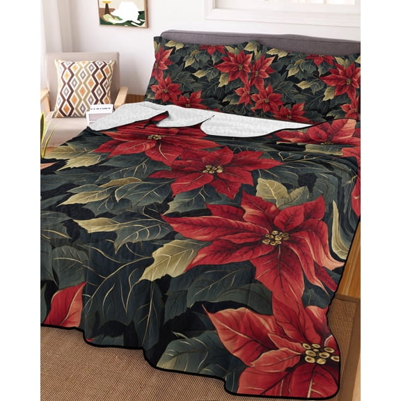 Christmas King Size Down Alternative Comforter, Lightweight Comforter Quilt Bedding Set with Pillow Shams Poinsettia Red Botanical Floral All Seasons Bed Comforter Duvet Insert 96"x106"