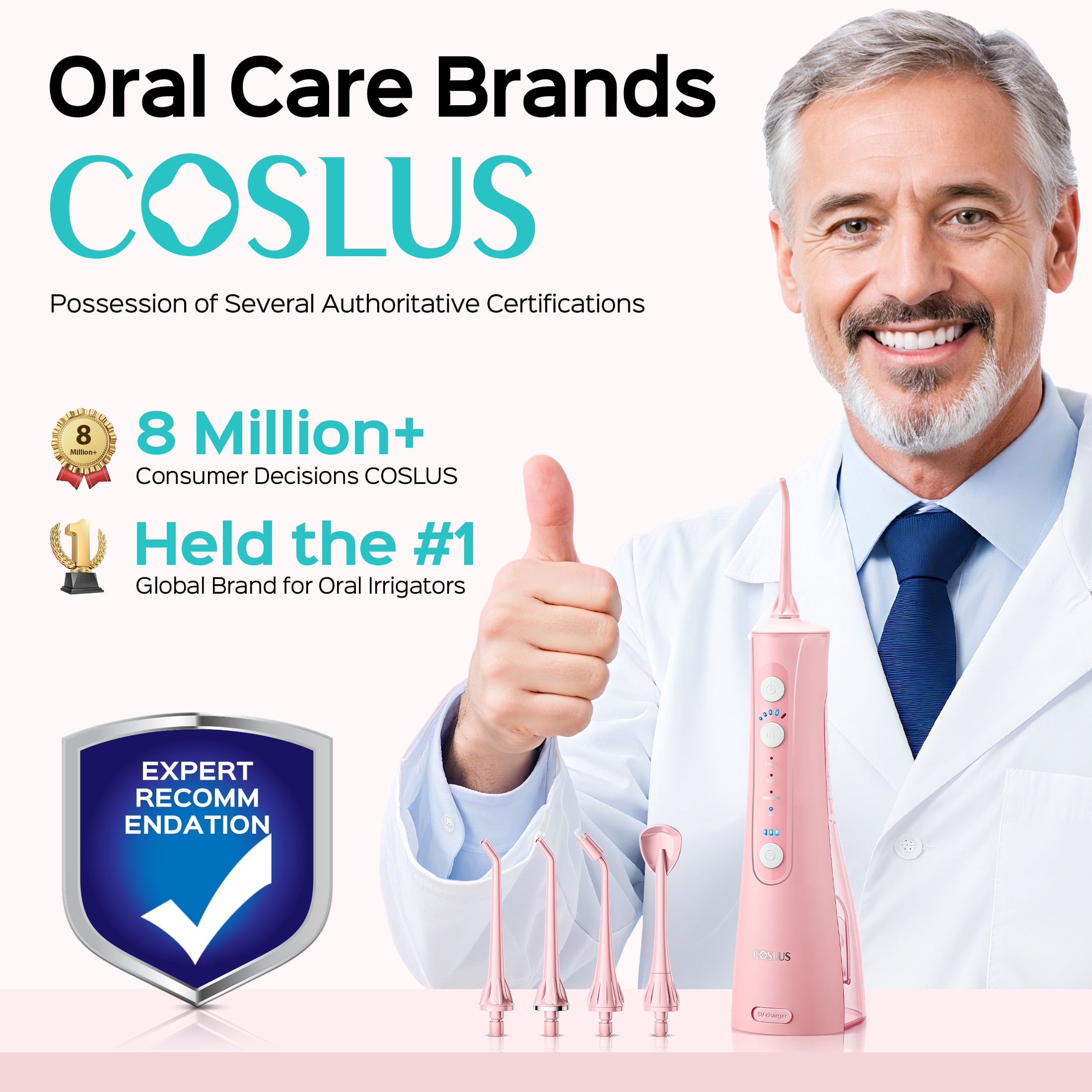 COSLUS CX50 Water Dental Flosser Pick for Teeth,4 Modes 5 Intensities,Portable Rechargeable Water Dental Flosser Dental Oral Irrigator for Travel Home Pink