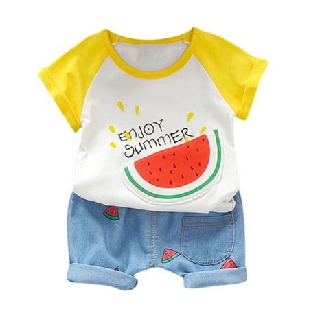 

Baby Boy Girl Outfits O Neck Watermelon Print Tops Denim Shorts 2PCS Clothes Set Size 6 Months-4 Years